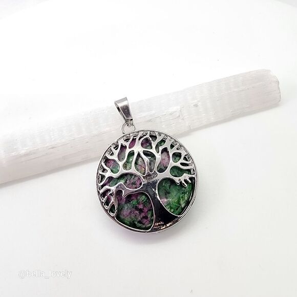 Ruby in Fuchsite Wrap Tibetan Silver Toned Round Tree of Life Pendant 1.5" - Picture 3 of 3